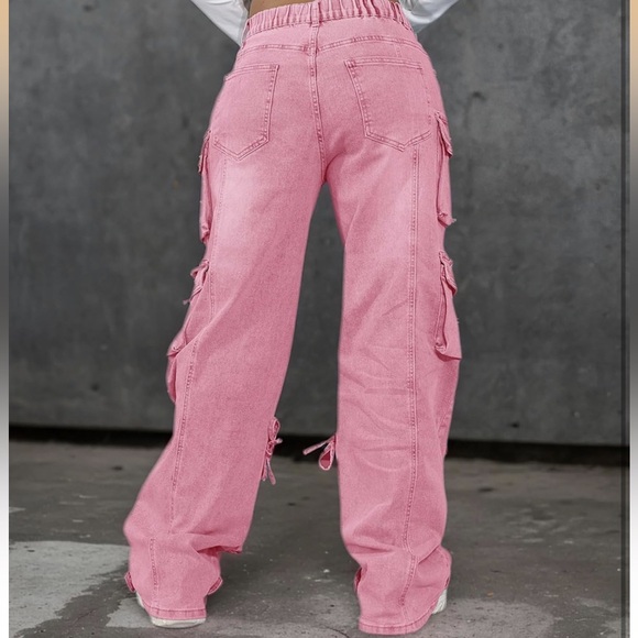 NEW Pink Distressed Denim Cargo Jeans - Picture 5 of 6